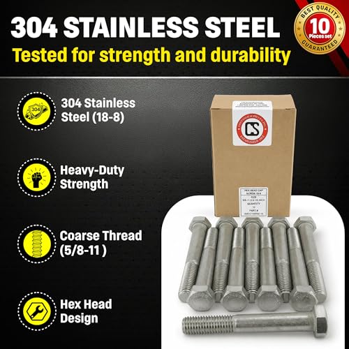 Image of Chenango Supply 5 /8-11 x 4-1 /2 inch Stainless Steel Hex Head Bolts - 304 Stainless, USS Coarse Thread, 100,000-125,000 PSI Tensile Strength, Corrosion-Resistant Hardware Bolts, (10 Pieces, 5 /8-11 x 4.5)