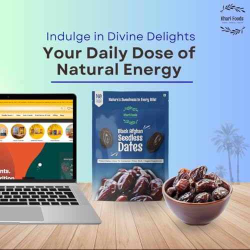 Image of Khari Foods Premium Black Afghan Seedless Dates, Easy To Consume, High Fibre, Soft Dry Fruit Khajur /khajoor, Energy Feel Good Snacks, No Added Sugar (400g (Pack 2))