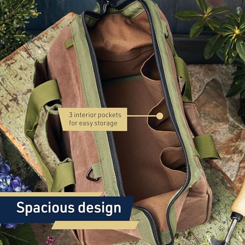 Waxed Canvas Tool Bag - 11.75” Heavy Duty Canvas Tote Bag Garden Caddy for Gardening Supplies or Tools with Wide Mouth 3 Interior and 3 Exterior Pockets - Gardening Gifts Men by Kings County Tools - Thumbnail 4