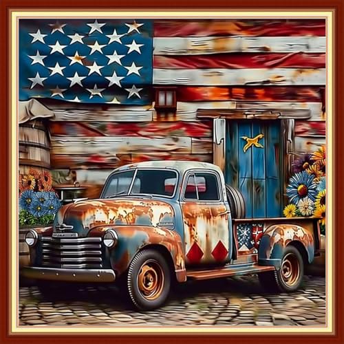 Image of Joyhoor Cross Stitch Kits for Beginners Stamped Cross-Stitch Supplies Needlework preprint Embroidery Kits for Adults DIY Needlepoint Kit Embroidery Patterns 11CT- Front Flag Car 18x18 inch