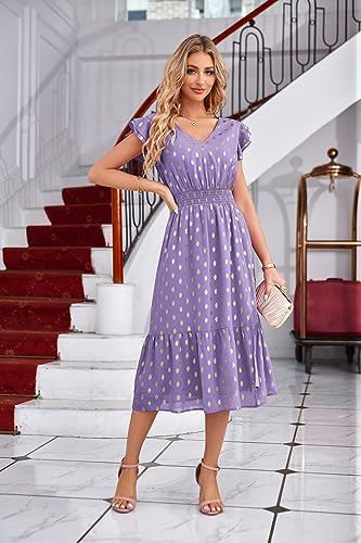 Image of GRACE KARIN Women 2023 Summer Dress Midi Dress Gold Dots V Neck Ruffle Cap Sleeve Flowy Split Tiered A-Line Wedding Guest Dress Lavender Purple M