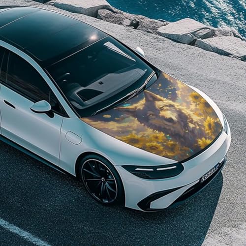 Image of Sunflower Wolf Print Car Hood Cover Protector, 59x39 Inch Car Hood Flag Waterproof Automotive Exterior Accessories for Auto Hood Decoration and Protection