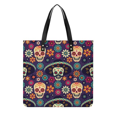 Sac à main fleurs crâne pour femmes, grand tote bag shopper de voyage 39x39cm