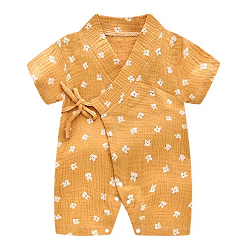 Baby Kimono Romper Newborn Cotton Yarn Robe Infant Japanese Pajamas Summer Short Sleeve One Piece Jumpsuit 0-24 Months (12-24M, Yellow)