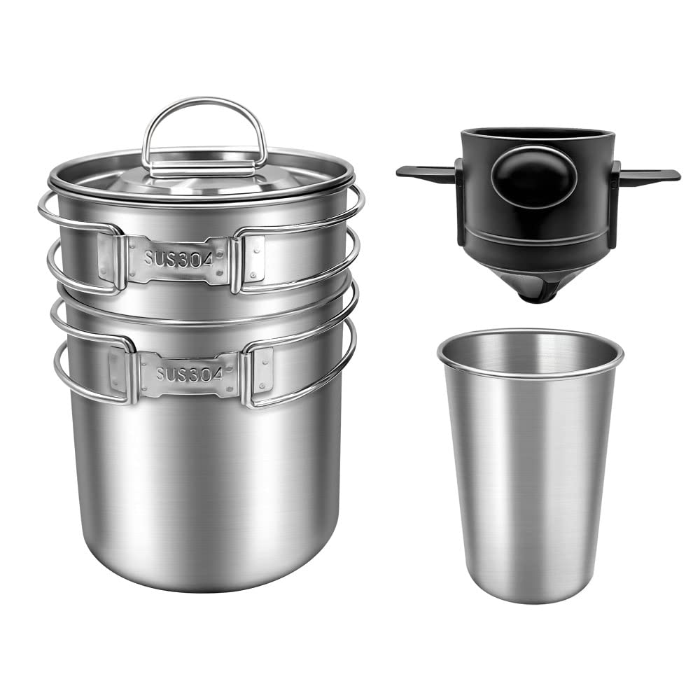 4Pcs Foldable Camping Cups & Mugs Pot 304-Food-Grade Camping Pot Cookware Set Stainless Steel Outdoor Camp Cooking Set with Vented lid Coffee Filter Stainless Steel Backpacking Cup (33+24oz)