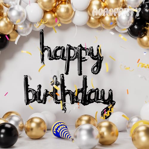 Image of Black Happy Birthday Balloons Banner 16 Inch Mylar Foil | Happy Birthday Letters Sign for Women Men Adults Birthday Party Decorations