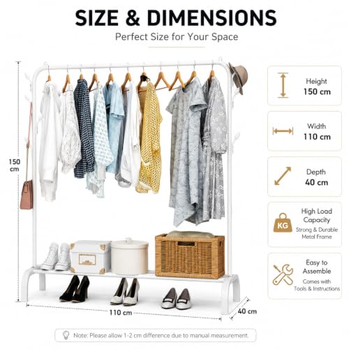 Image of Metal Multifunctional Heavy-Duty Quality Garment Stand Cloth Rack Freestanding Storage Organizer with Bottom Shelves Adjustable Folding Single Pole for Living Room (White)