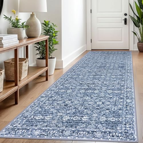 3x8 Blue Washable Runner Rug for Kitchen, Soft Classic Runner with Non-Slip, Non-Shedding Distressed Floral Rug for Hallways Entryway Bedroom Bathroom Laundry Indoor