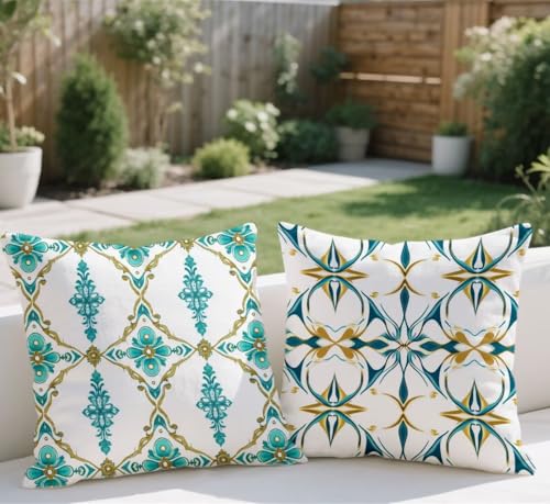 Cojines Sofa Turquesa Funda Cojin 40x40cm Juego de 2 Cojines Exterior Impermeable Funda de Almohada Estilo Bohemio Cojin Lino con Cremallera Invisible para Jardín Sofá Balcones Camping Decorativo j657
