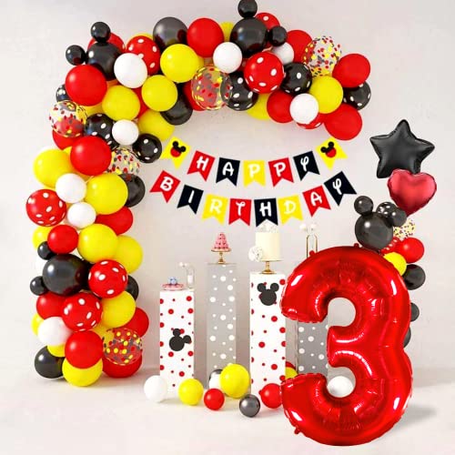 Cadeya Mouse Number 3 Birthday Balloons, 40” Black Red Aluminum Foil Balloons For Mouse Clubhouse 3Rd Birthday Party, Kids Theme Party Decoration Supplies #TOP3
