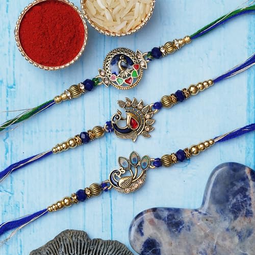 Image of eCraftIndia Set of 3 Peacock Designer Rakhis for Brother Bhabhi Kids Bhaiya | Raksha Bandhan Rakhi Combo Hamper