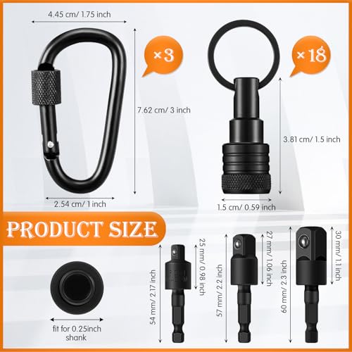 Image of Threlaco 24 Pcs Bit Holder Keychain, 1 /4 3 /8 1 /2 Socket Hex Shank, Black
