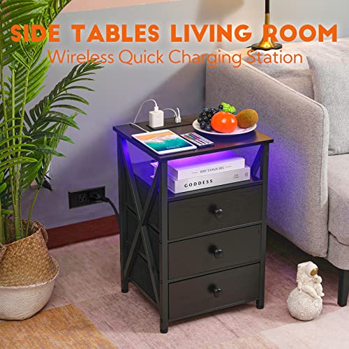 Amhancible Night Stand Set 2, Led Nightstand With Wireless Charging Station, End Side Tables With Usb Port & Outlet, Smart Bedside Table With Fabric Drawers For Bedroom Living Room Het053Lbk #TOP4