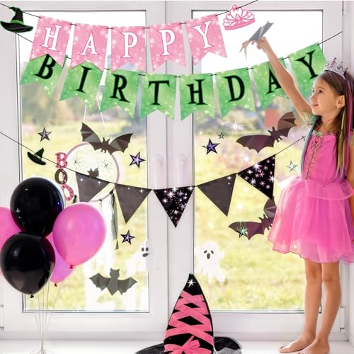 Image of Hooqict Happy Birthday Banner Pink and Green Birthday Party Decorations Princess Witch Party Banner Garland Sign for Kids Girls Night Galentine's Day Green and Pink Witch Theme Party Decorations
