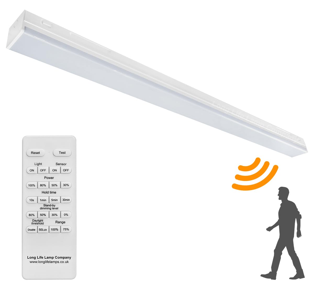 Long Life Lamp Company 60W LED Microwave Sensor Ceiling Batten Light Fitting 5 feet Remote Control Dimmable 6500k MSBL60