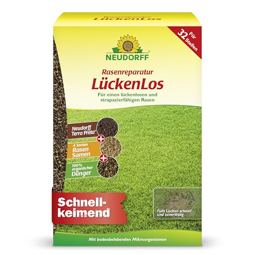 Neudorff Rasenreparatur LückenLos – Zur Ausbesserung von 32 Lücken für einen dauerhaften, strapazierfähigen und grünen Rasen, schnellkeimend, 2,5 kg
