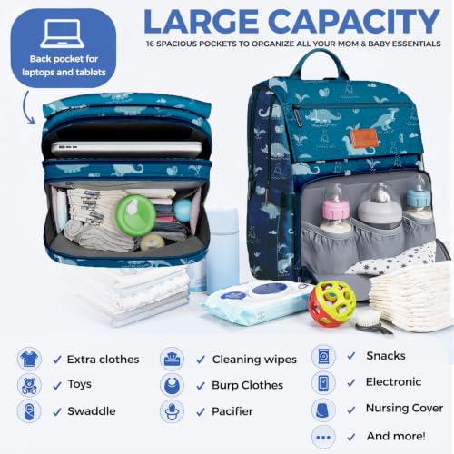 Image of PILLANI Baby Diaper Bag Backpack - Large Waterproof Travel Diaper Bag for Boys & Girls, 16 Organizer Pockets with Changing Pad, Insulated Bottle Pockets & Stroller Straps, Baby Shower Gifts, Dinosaur