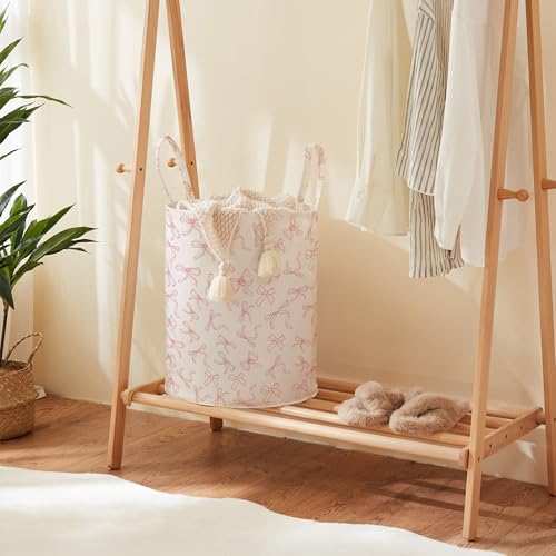 Image of Baby Laundry Basket Nursery Hamper with Long Handles, Bowknot