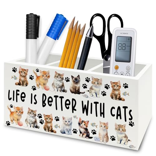 Image of Cat Pen Pencil Holder Organizer for Desk, Cat Lovers Mom Lady Gifts for Women, Life Is Better with Cats Wooden Box Signs Decorations for Home Office Desk Tabletop, Gifts for Pet Lovers