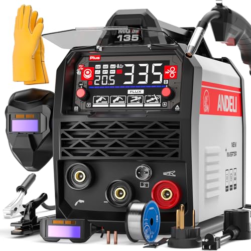 ANDELI 135A MIG Welder 110V/220V, 4-in-1 PULSE Flux Core MIG/Lift Tig/Stick Gasless MIG Welding Machine with Synergy，Large LED Display,2T/4T Full Kit (Bonus Welding Helmet & Gloves)