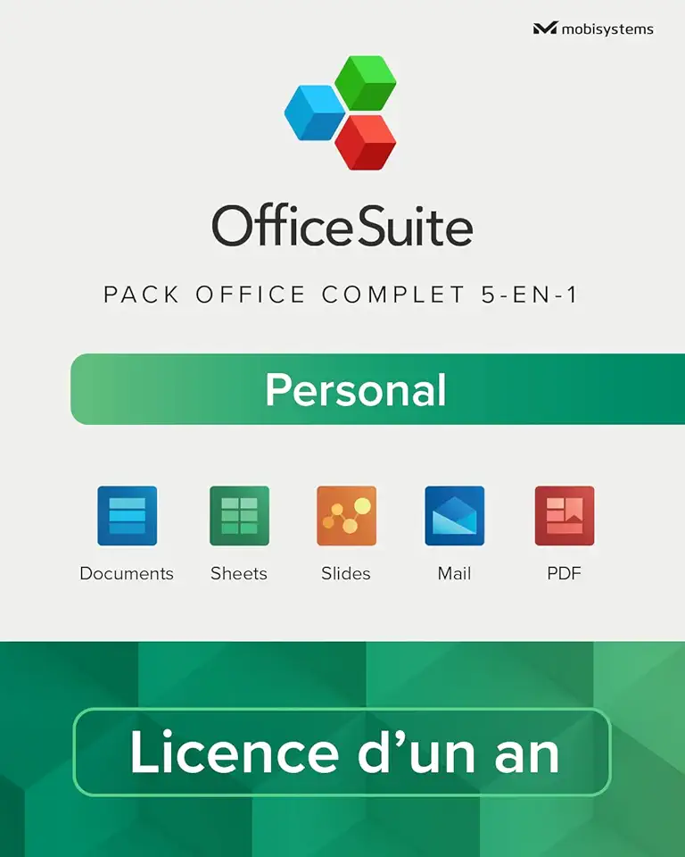 OfficeSuite Personal – Version complète – Documents, Sheets, Slides, PDF, Mail &amp; Calendar pour 1 PC Windows et 2 appareils mobiles / Licence de 1 an