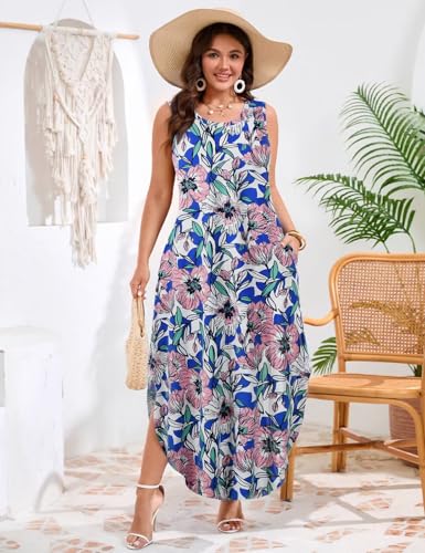 Image of JollieLovin Women Plus Size Summer Tank Maxi Dresses Sleeveless Causal V Neck Beach Long Dresses Swim Cover up (L-5X)