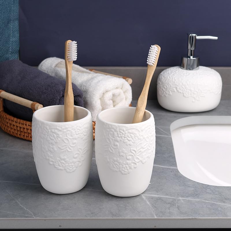 4-częściowy zestaw łazienkowy dozownika mydła, ceramiczny zestaw akcesoriów łazienkowych, zawiera dozownik mydła, mydelniczkę, zestaw kubków do płukania jamy ustnej dla dorosłych dzieci