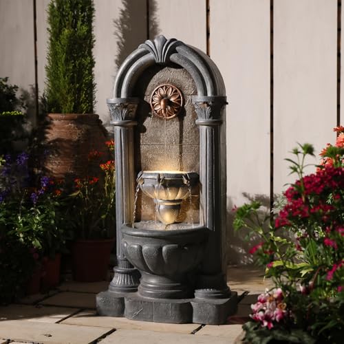 Image of 33.36 inch Outdoor Wall Fountain with LED Lights, Flat Back Water Fountain Outdoor Freestanding, Cascading Waterfall Feature for Patio Backyard Yard Garden Porch Courtyard