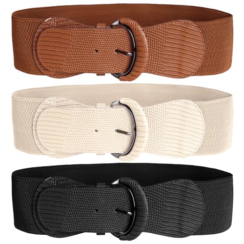 3 Pack Women Wide Elastic Waist Belt Vintage Stretch Belt Dress Sweater Fashion Wear Black White Brown Fashion Accessory for Lady Dress