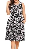 POSESHE Womens Plus Size Dress Summer Sleeveless Casual 2024 Round Neck Dress with Pockets,Black Pink Floral,2XL