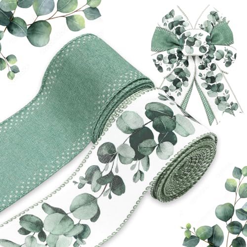 JarThenaAMCS Eucalyptus Wired Edge Ribbon Sage Green Leaves Spring Summer Bridal Bouquet Decor Watercolor Greenery Floral Fabric Ribbon for Wreath Bow Making DIY Crafts Wrapping Party,2 Rolls, 20 Yard