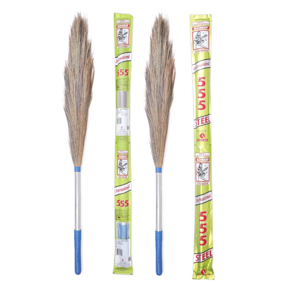 Monkey 555 International Steel Handle Hard_Floor Grass Broom |Pack Of 2| For Sweeping Large Area| Virgin Plastic Fixtures Sleek Stainless Steel Handle For Better Grip& Comfortable Sweeping