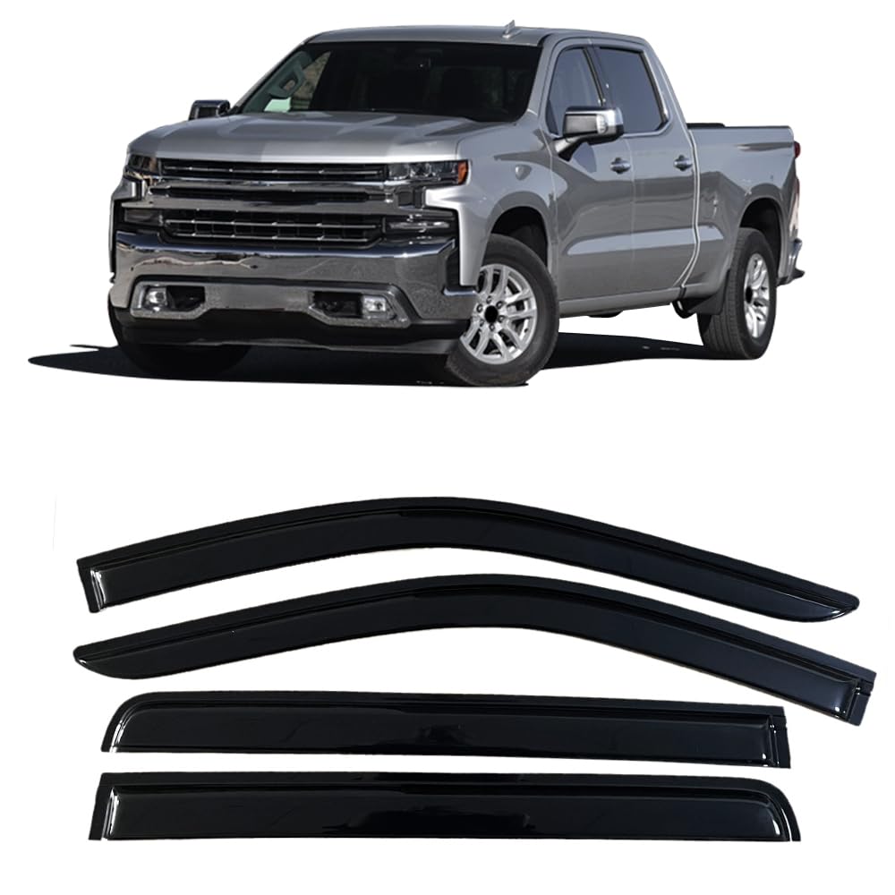 Photo 1 of Rain Guards for Chevrolet Chevy Silverado 1500 Crew Cab Pickup Truck 2019-2023/ for GMC Sierra 1500 19-23 Crew Cab Windows Visor, Side Window Wind Deflectors, Smoke Tinted Black Tape-On Door Visors For 2019-2023 Chevy Silverado/Sierra 1500 Crew Cab