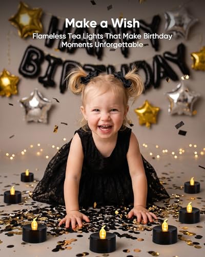 Image of Homemory Black Tea Lights Candles Battery Operated, Flickering Flameless LED Votive Candles, Warm White Tealights for Halloween, Gothic Decor, Black Gold Dinner, Outdoor Halloween, Witch, 24-Pack