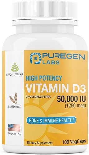Puregen Labs Vitamina D3 50,000 UI (1250 mcg) Suministro de 100 semanas para una función muscular saludable y apoyo inmunológico, sin OMG, sin