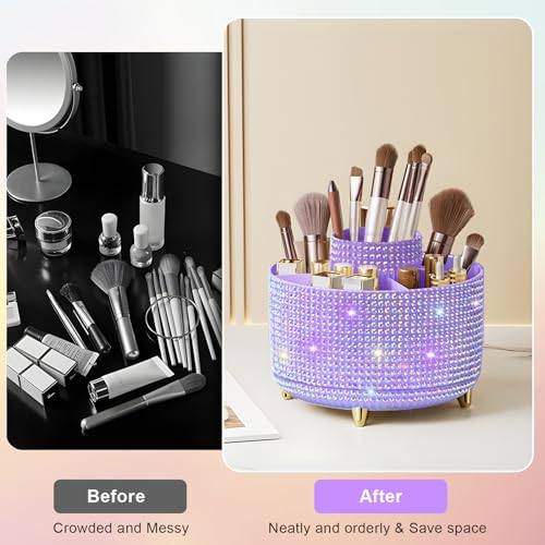 Image of Diesisa Bling Diamond 360 Makeup Brush Holder Organizer, Rotating Makeup Brush Organizer,5 Slot Make up Brushes Cup for Cosmetics, Vanity Desktop Organizer, Gift for Women Teen Girls- Diamond Purple