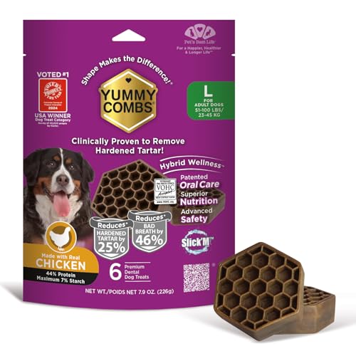 Yummy Combs Dog Dental Treats Vet VOHC Approved Removes Tartar & Cleans Teeth Yummy High Protein Chicken Treat for Large Dogs (Mini Pack 6 Count)