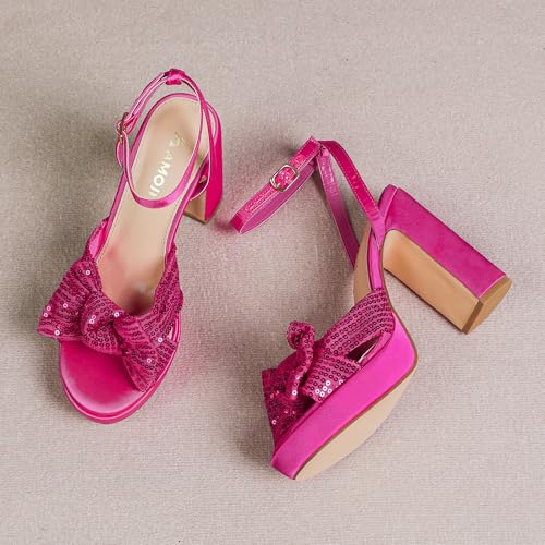 Amoji Women's 4 Inch Block Sequin Platform Heels Bowknot Ankle Strap Heeled Sandal Wedding F43043