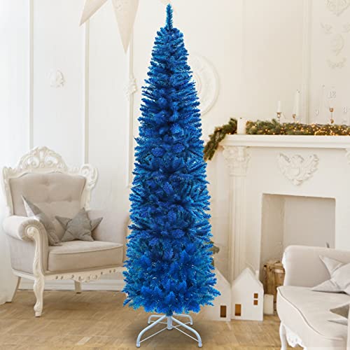 Turnmeon 6 Feet Pencil Christmas Tree Decoration 550 Tips, Premium Realistic Spruce Branch Hinged Artificial Slim Tree Metal Stand For Holiday Christmas Xmas Decor Indoor Outdoor Home ( Blue ) #TOP6