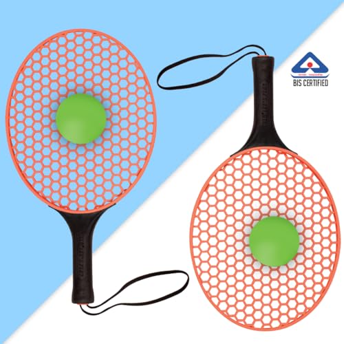 Image of Amazon Brand - Jam & Honey Honeycomb Paddle Racket Set with Net, 2 Rackets & 2 Balls, Indoor Outdoor Family Game for Kids & Adults 3+ Years, BIS Certified Child Safe (Orange) (Pack of 3)