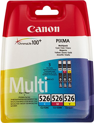 Compatibilità marca: Canon Canon CLI-526 C M Y Pacchetto di 3 Cartucce d\'inchiostro (Ciano Magenta Giallo) Certificato (Imballaggi in plastica obsoleti 2018 con etichetta di sicurezza antifurto)