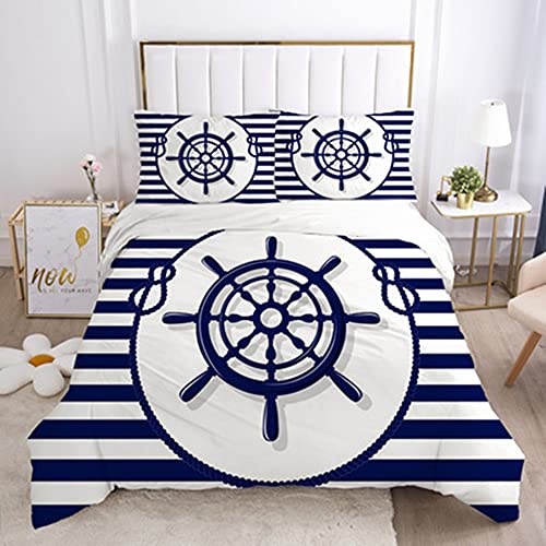 Stillshine. Juego De Cama 2/3 Piezas Azul Raya Marinero Ancla Navegación Tema Poliéster De Microfibra Funda Nórdica Doble + Funda De Almohada (Color3,King 220x240cm)