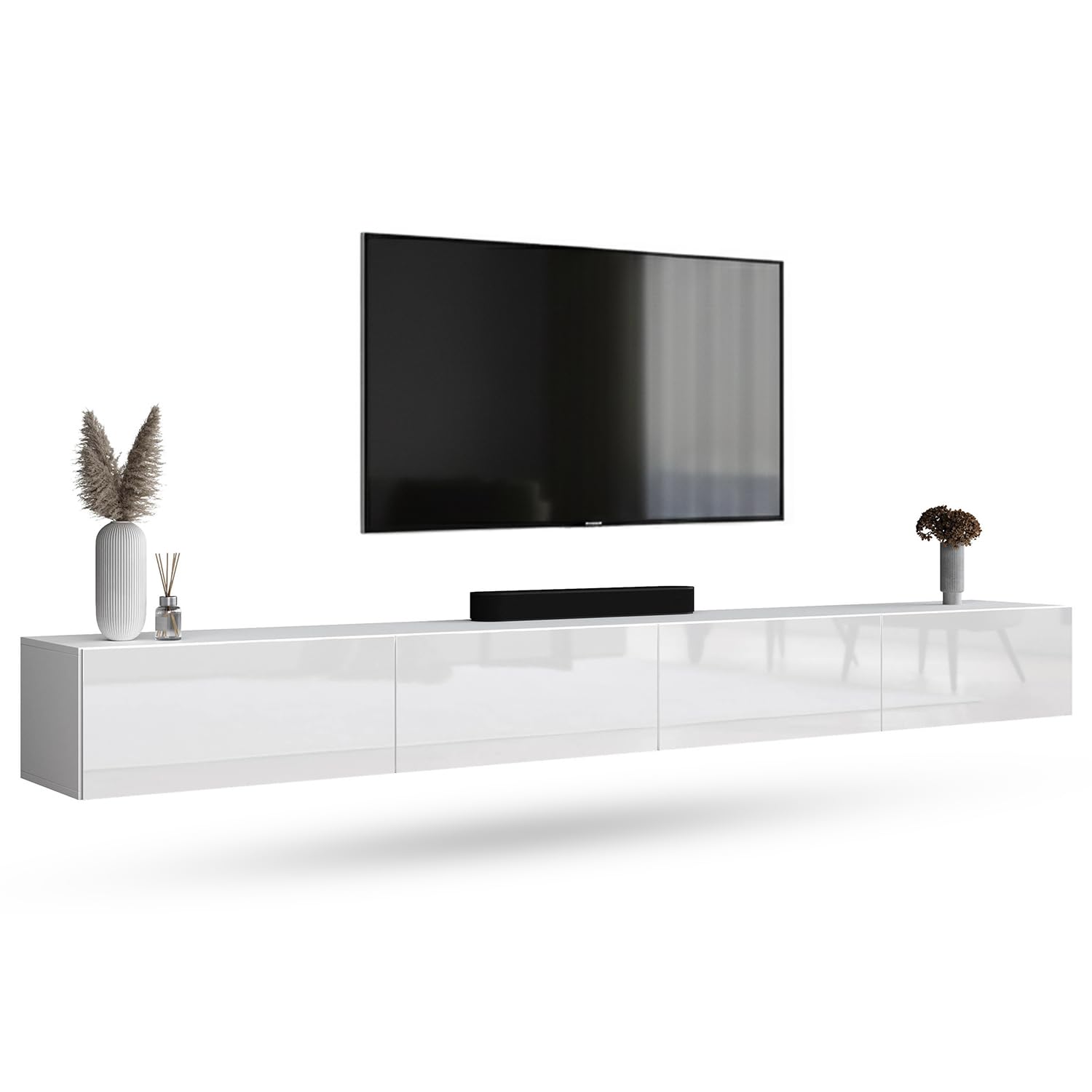 scaffale tv lungo 280 cm regolabile in bianco con supporti laterali