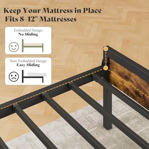 Image of AMERLIFE Queen Size Bed Frame with Storage Headboard & Charging Station, Industrial Metal Platform Bed with Large Under-Bed Storage, Heavy Duty Slats, No Box Spring Needed, Dark Brown
