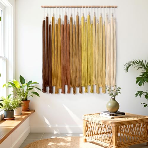 Miniatura 2 de Uxorsn Tapiz De Pared De Macramé Grande, Bohemio, Chic, Perlas, Borla, Amarillo, Degradado Geométrico, Estético, Bohemio, Decoración De Pared, Tejido A Mano, Para Dormitorio, Salón, Oficina