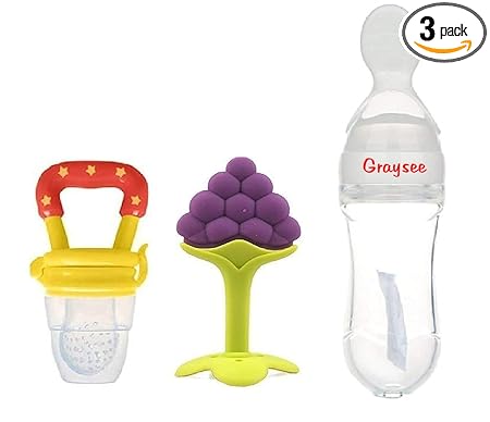 GRAYSEE CMB101 Combo of Baby Silicone Food Nibbler for Fruit Food Feeder & Fruit Teether, Pacifier Nibbler for 6 to 12 Months Baby Boys Girls Newborn (Pack of 3, Type 7)