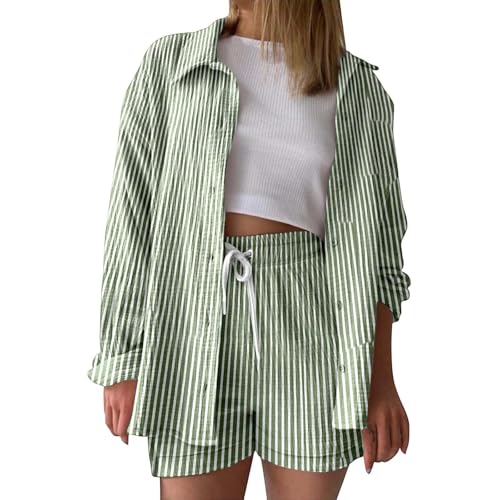 Ensemble deux pièces femme été rayé à manches longues boutonnées