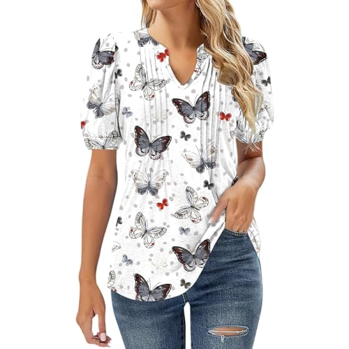 Angxiwan Olive Green Top Womens Summer Tops for Women UK Clearance Casual Floral Pleated Going Out Blouse Plus Size Short Sleeve Tunic Tops Fashion V-Neck Rainbow T Shirts for Women