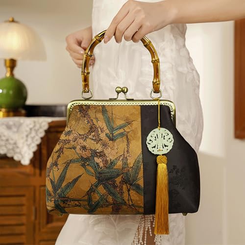 Bamboo Handle Purse for Woman Chinese Retro Bamboo Leaf Print Handbag Tassel Charm Purses Elegant Top Handle Bag2