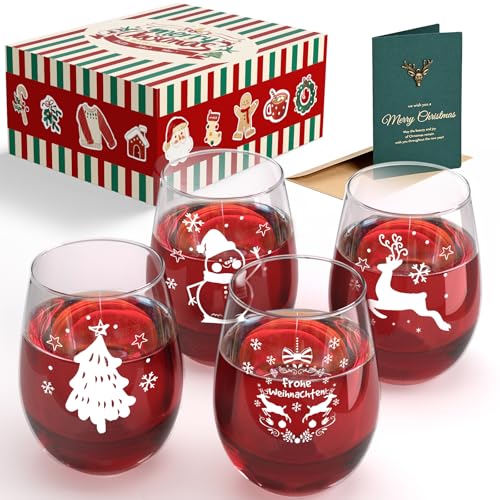 Joymaking Weihnachtsgläser 4er Set, Weihnachtsgeschirr, Glühweingläser, Weinglas Weihnachten, Weihnachtsglas, Weihnachtsgläser Geschenke, Elch Gläser, Trinkglas Weihnachten 520ml